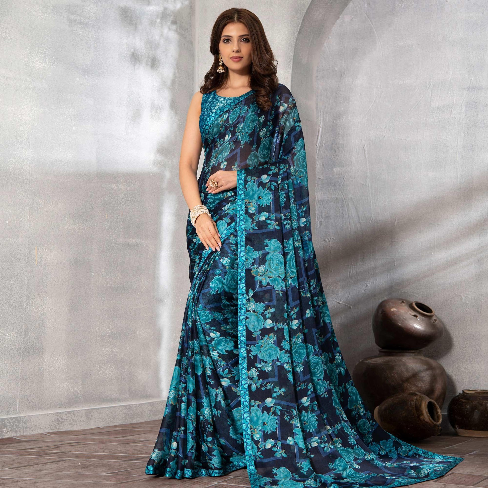 Majesty Blue Colored Casual Floral Printed Chiffon Saree