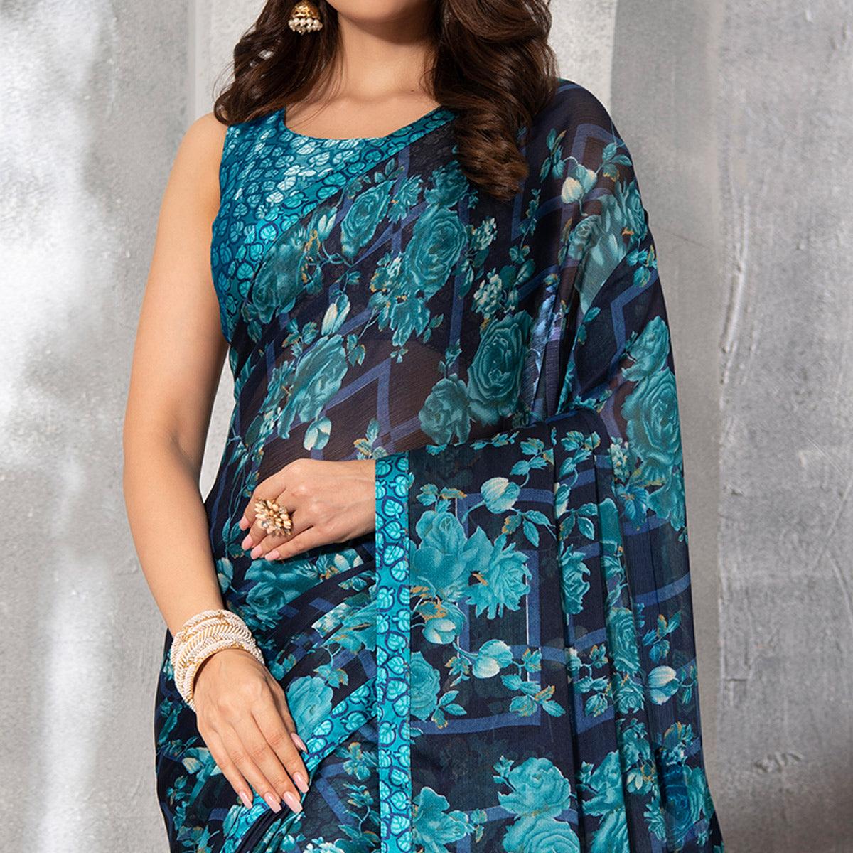 Majesty Blue Colored Casual Floral Printed Chiffon Saree