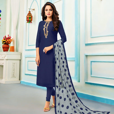 Majesty Blue Colored Casual Wear Embroidered Chanderi Dress Material