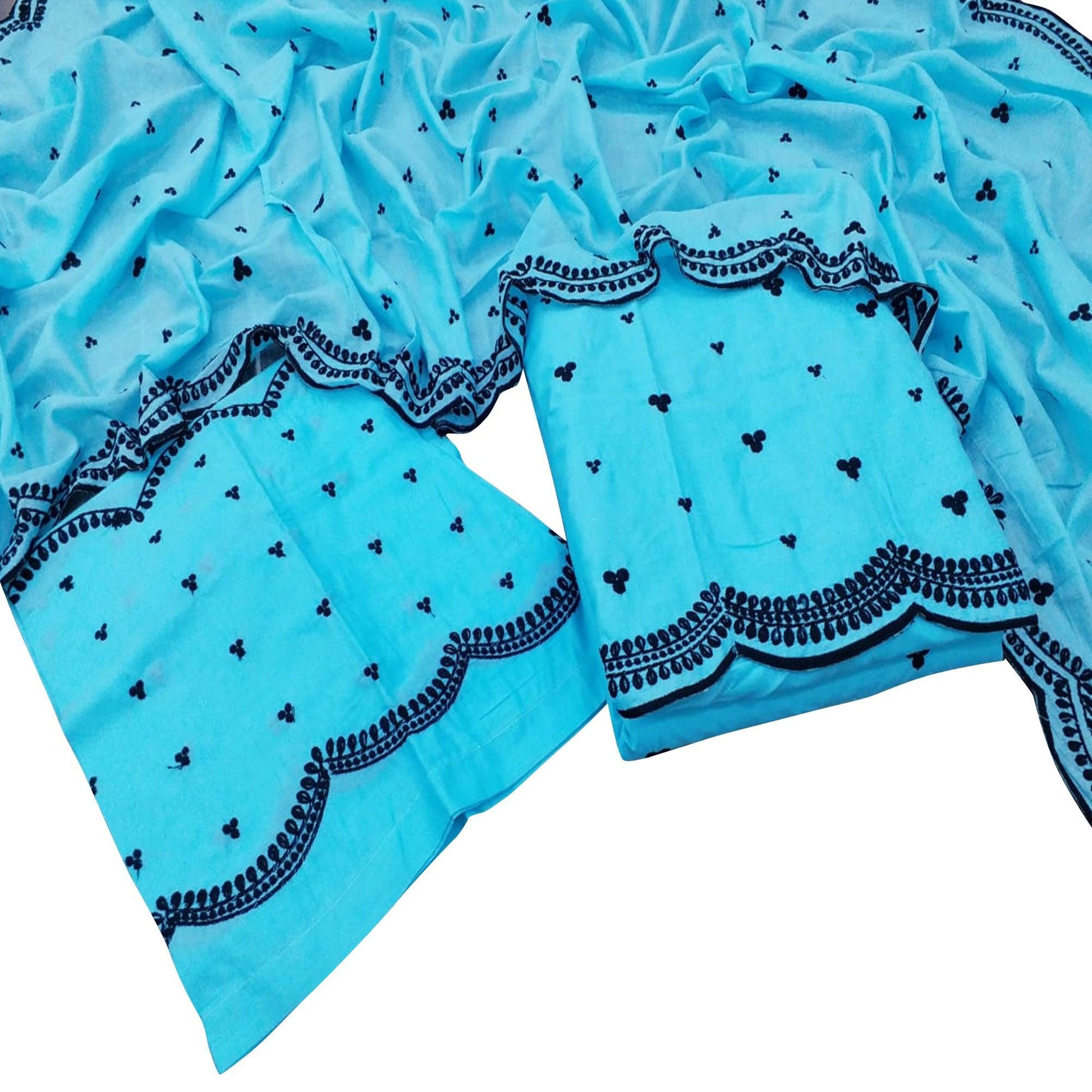 Majesty Blue Colored Casual Wear Embroidered Cotton Dress Material