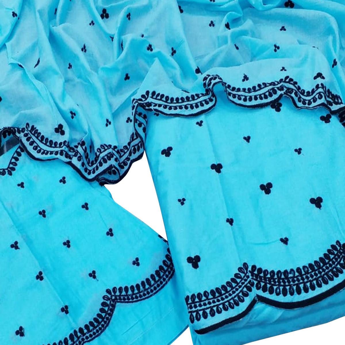 Majesty Blue Colored Casual Wear Embroidered Cotton Dress Material
