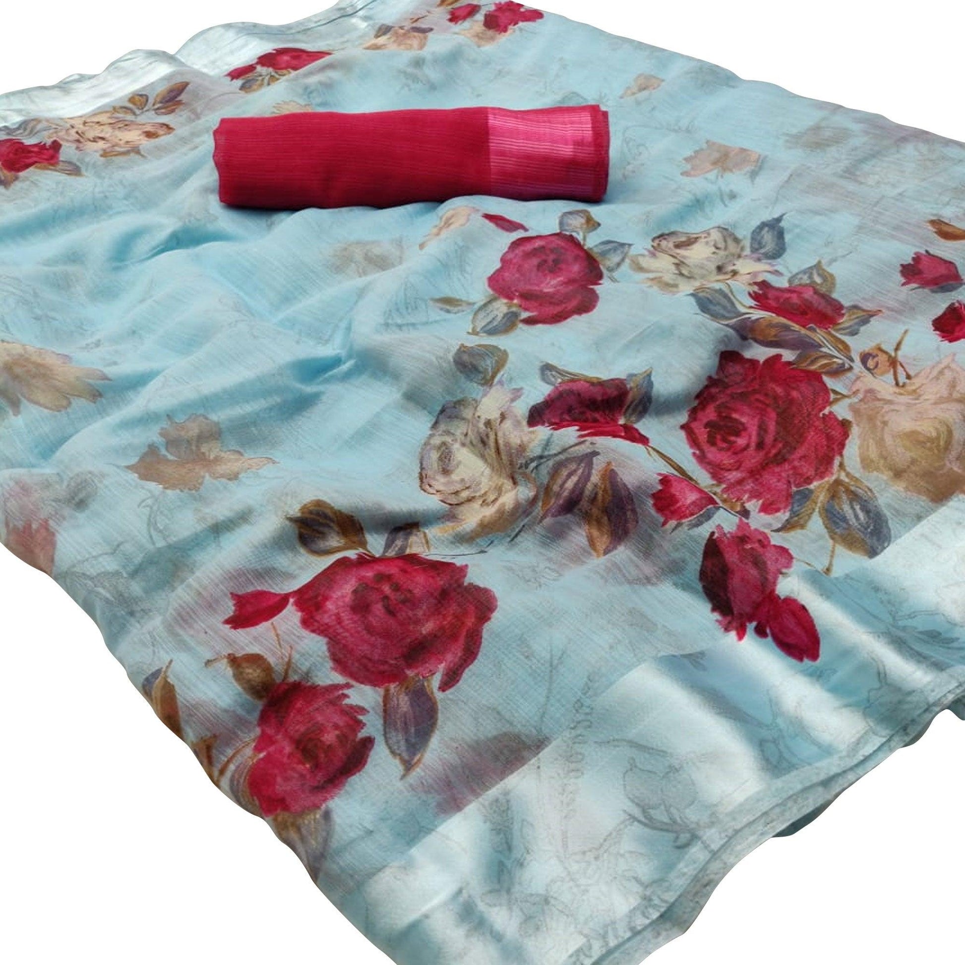 Majesty Blue Colored Casual Wear Floral Printed Linen Saree