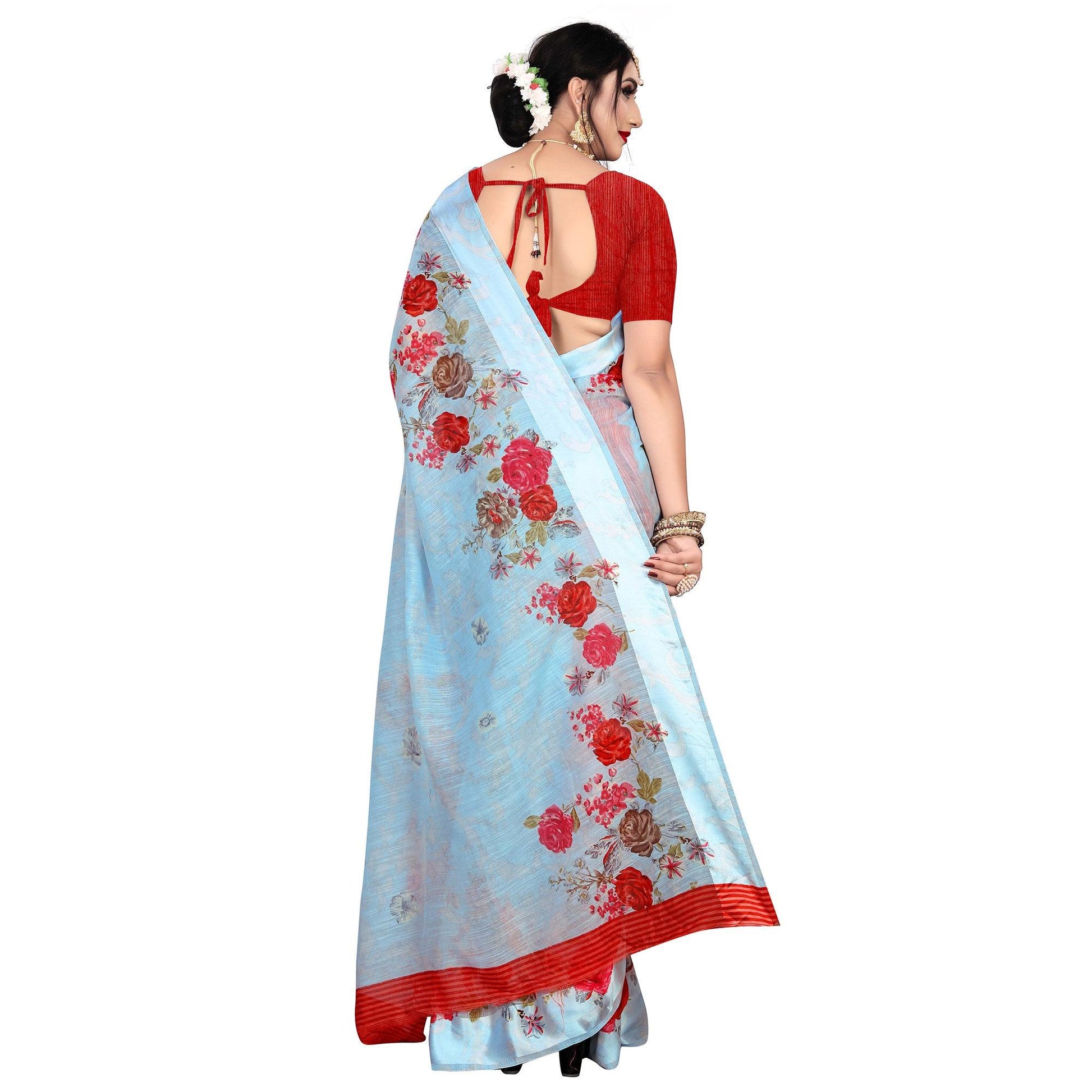Majesty Blue Colored Casual Wear Floral Printed Linen Saree