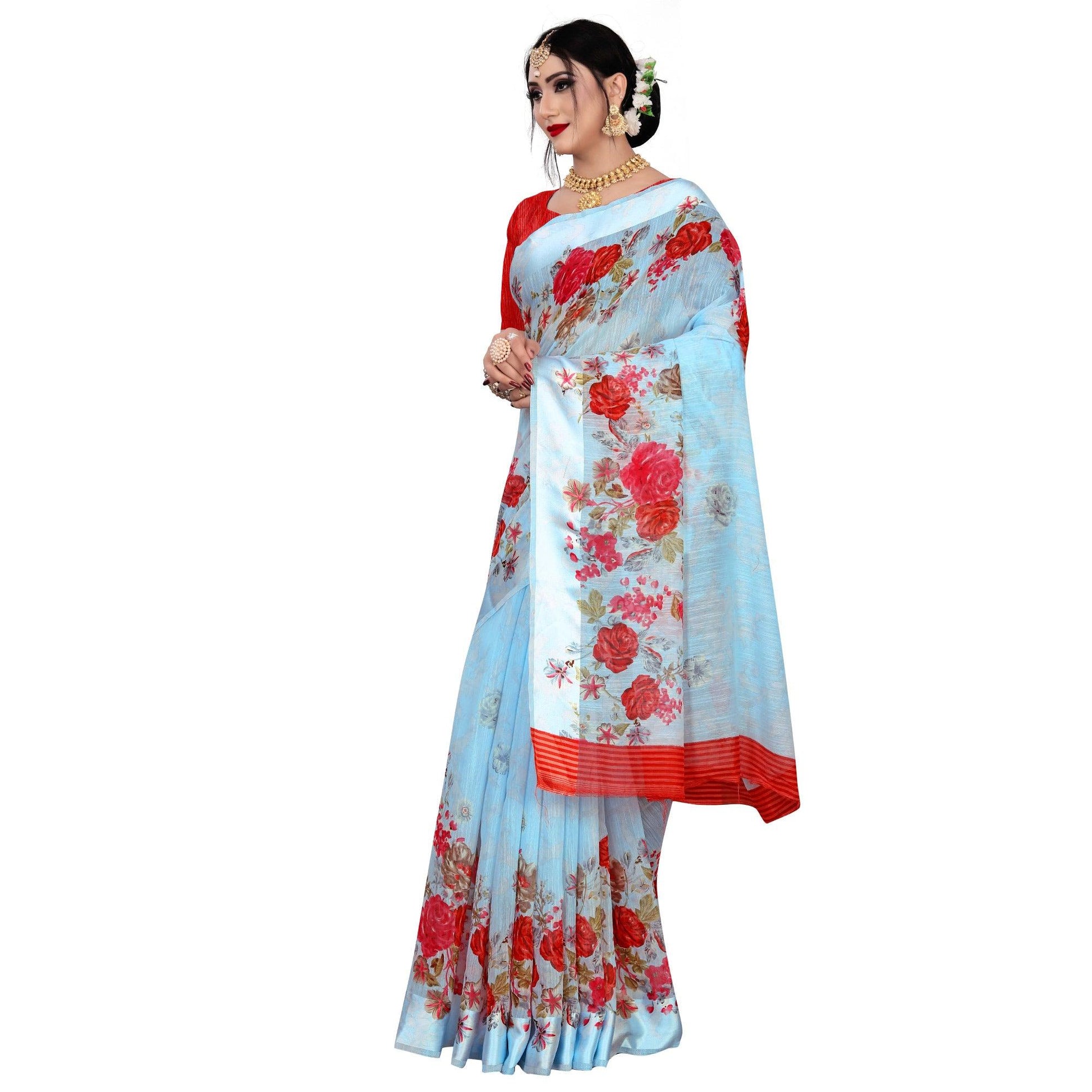 Majesty Blue Colored Casual Wear Floral Printed Linen Saree