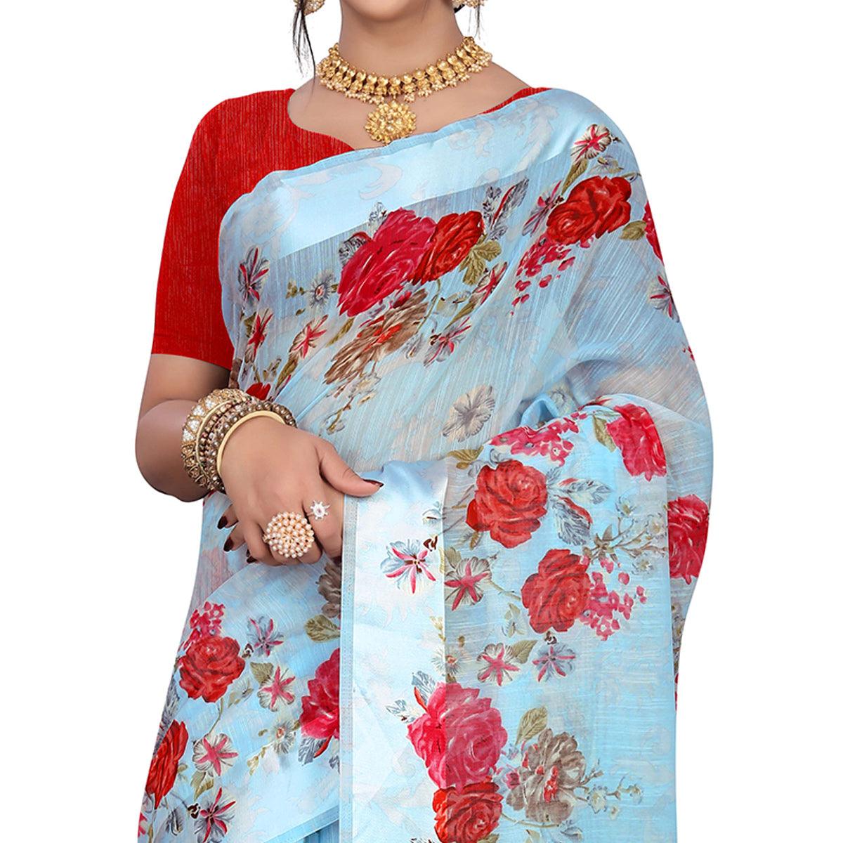 Majesty Blue Colored Casual Wear Floral Printed Linen Saree
