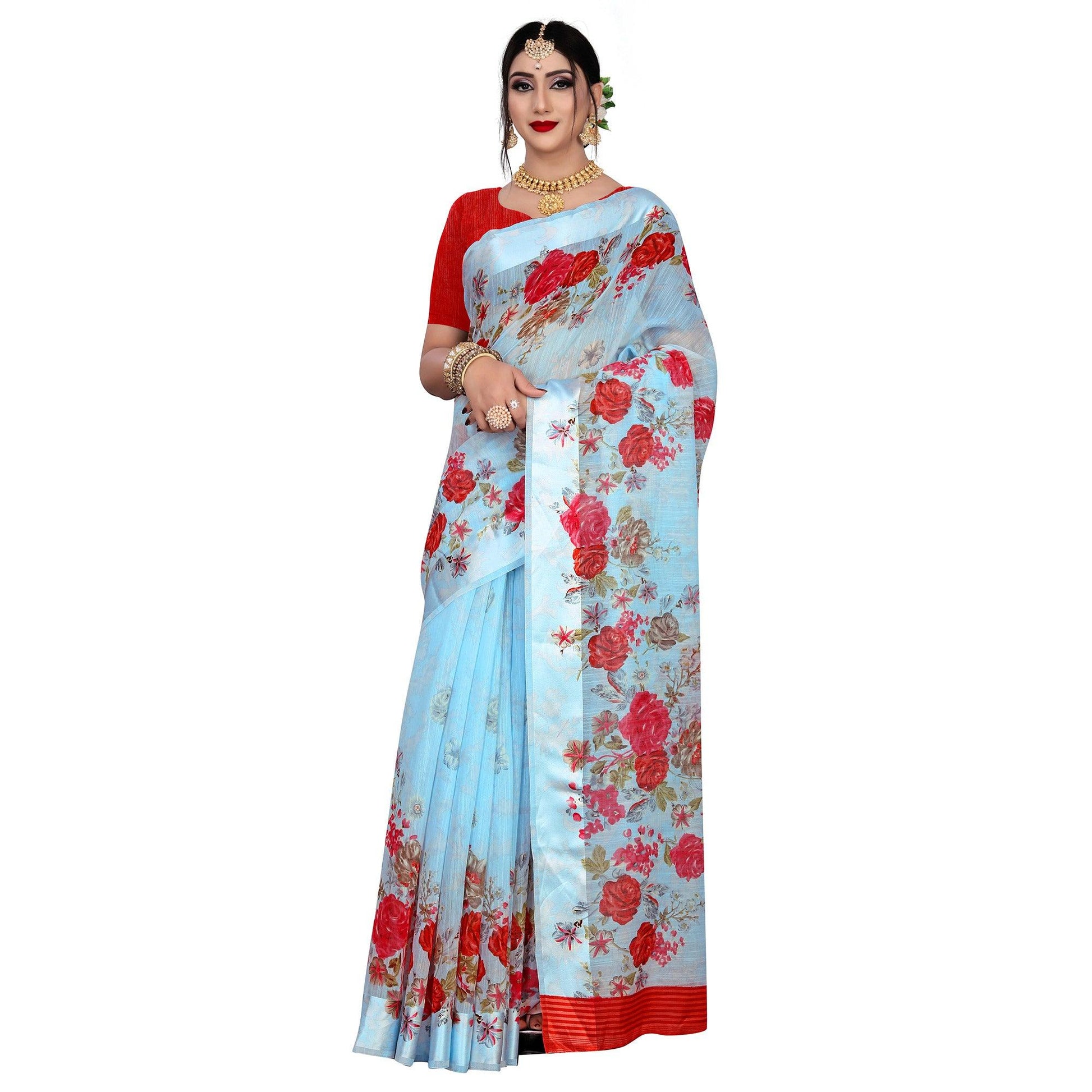 Majesty Blue Colored Casual Wear Floral Printed Linen Saree