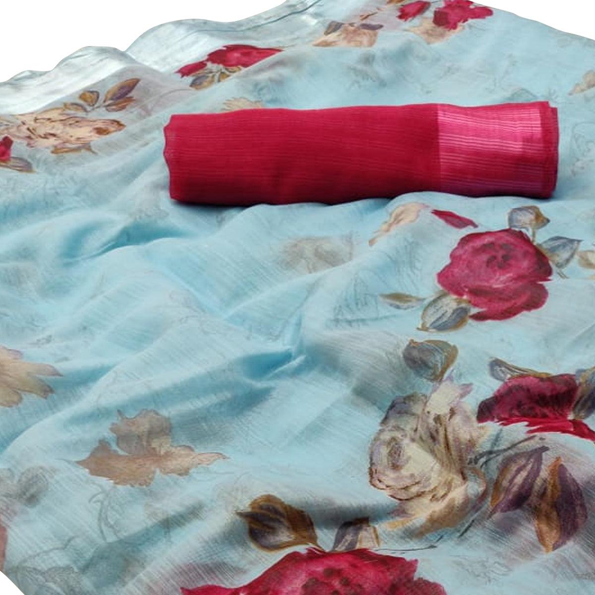 Majesty Blue Colored Casual Wear Floral Printed Linen Saree