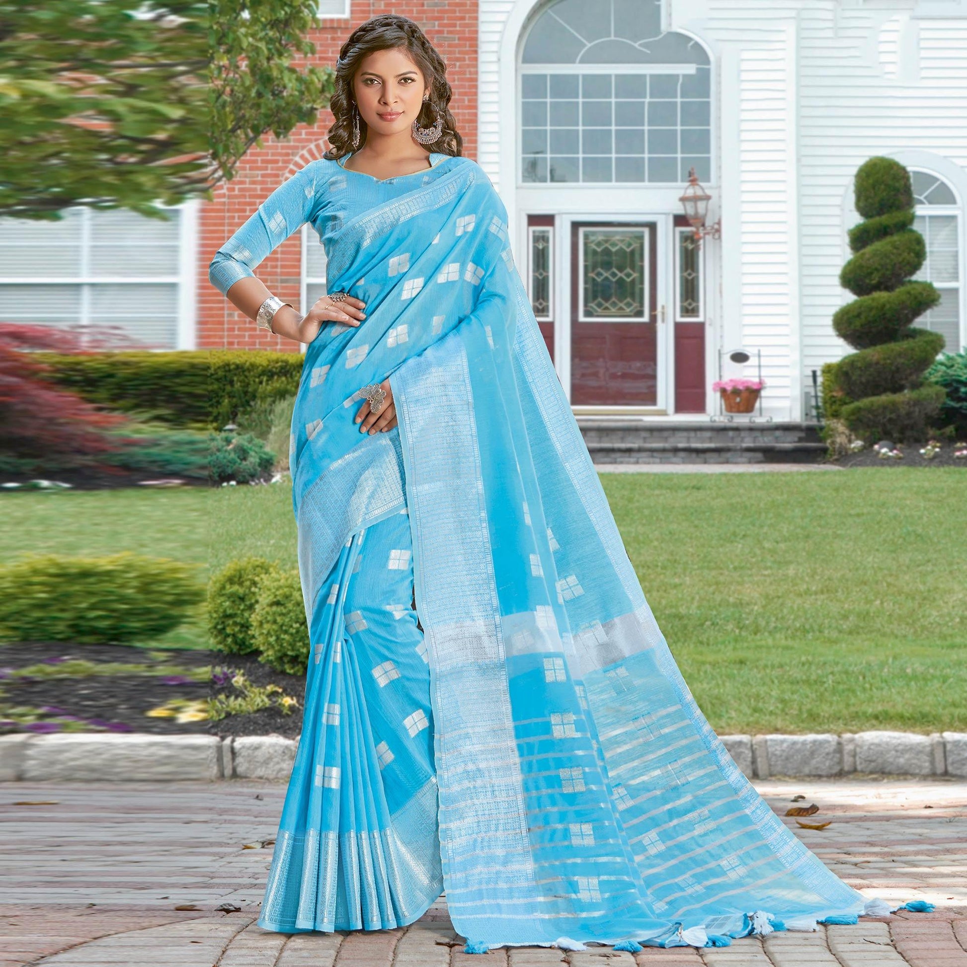 Majesty Blue Colored Festive Wear Woven Linen Cotton Sareee
