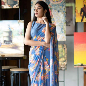 Majesty Blue Colored Partywear Printed Georgette Saree