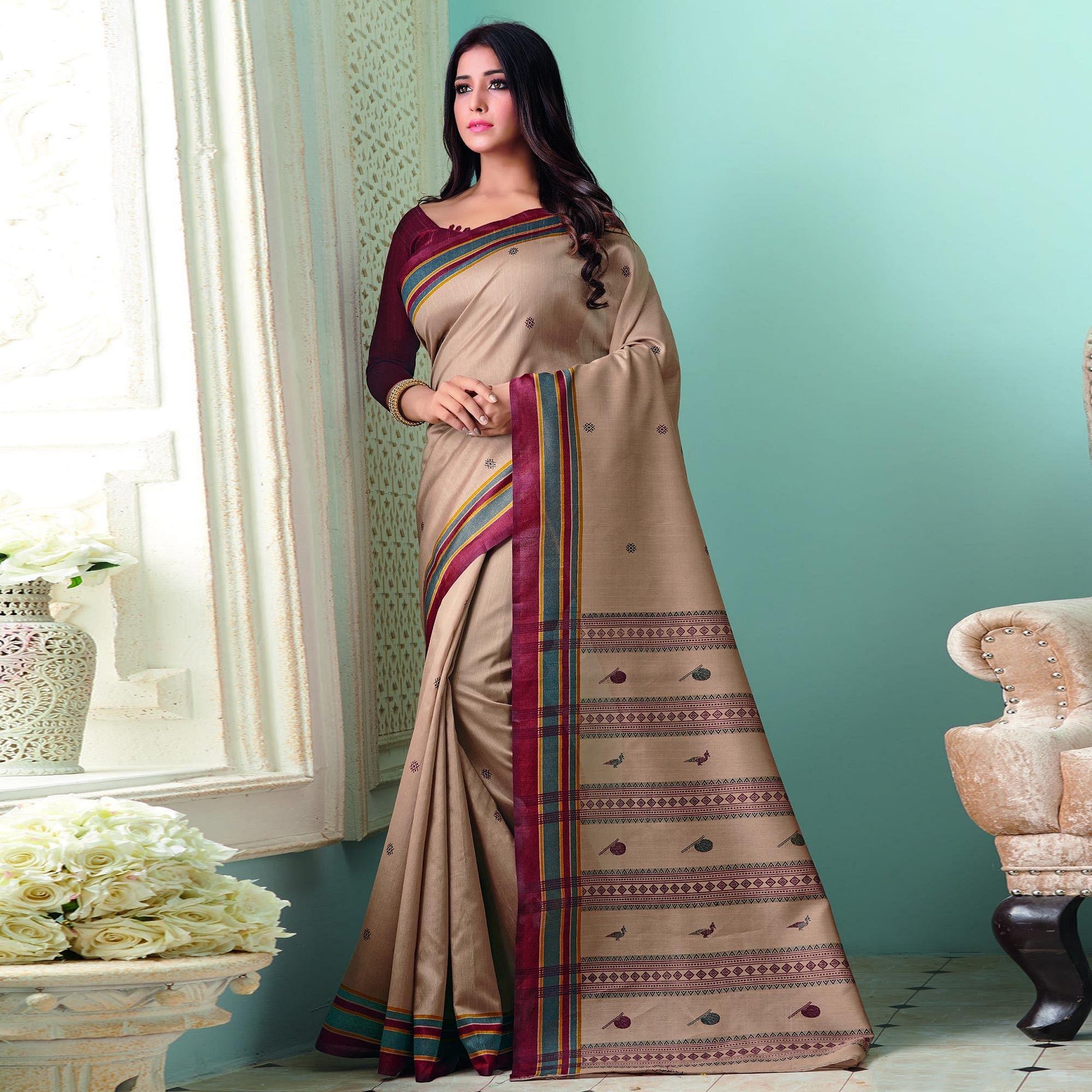 Majesty Brown Colored Casual Wear Printed Bhagalpuri Saree