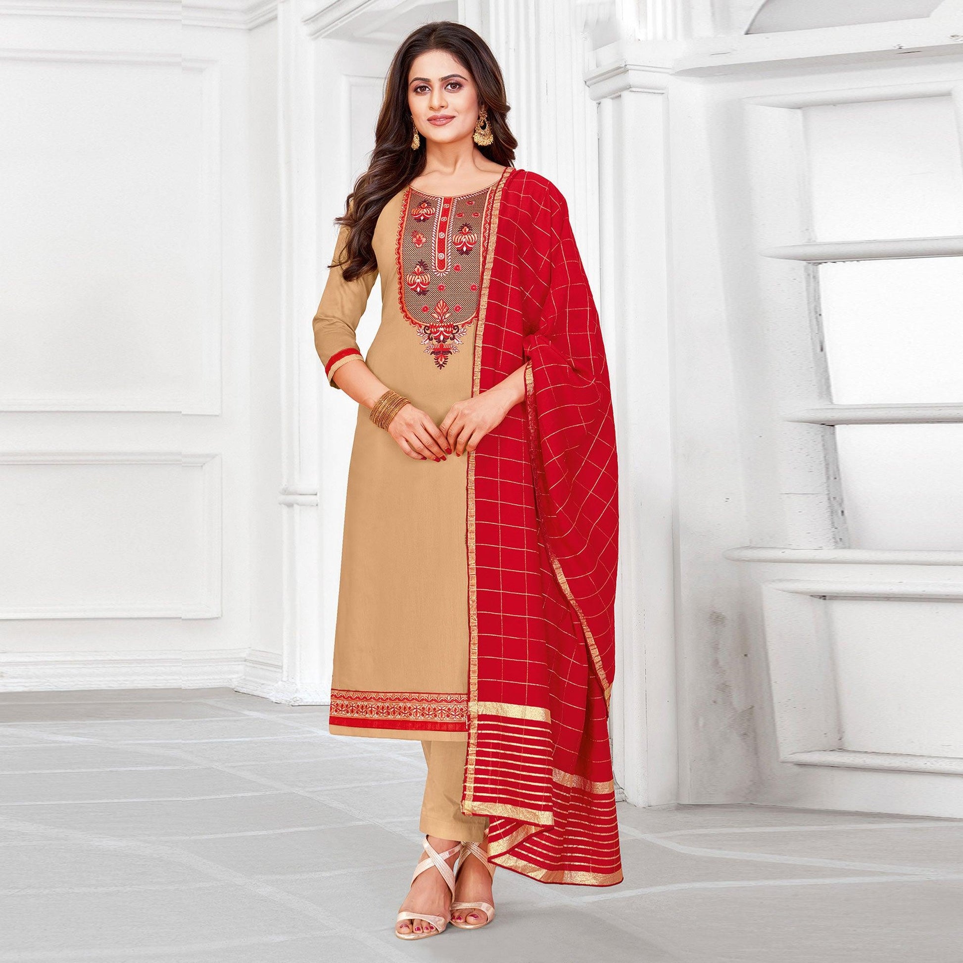 Majesty BurlyWood Colored Partywear Designer Embroidery Cotton Salwar Suit