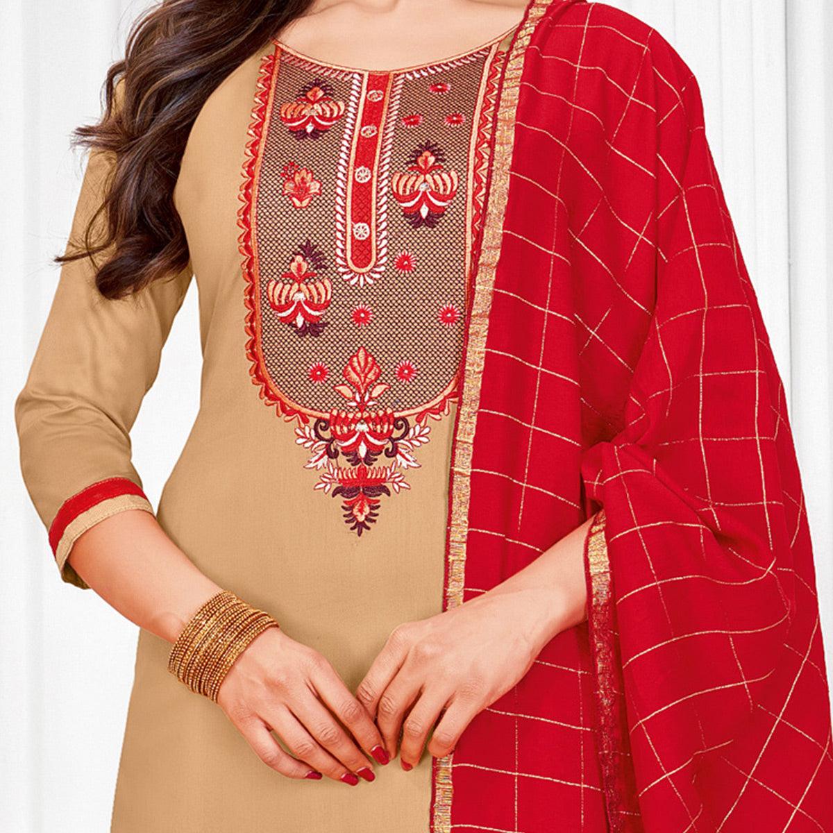 Majesty BurlyWood Colored Partywear Designer Embroidery Cotton Salwar Suit