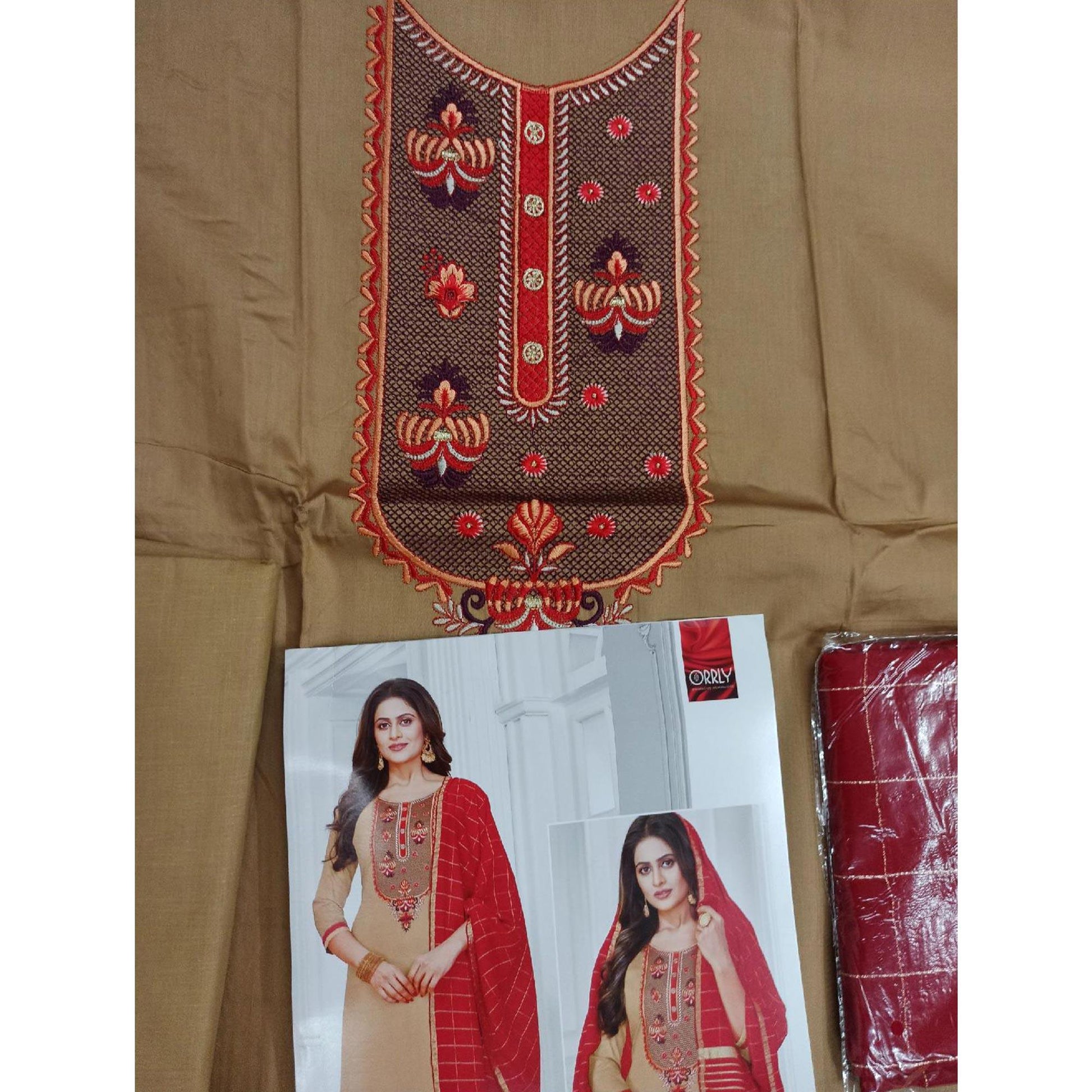Majesty BurlyWood Colored Partywear Designer Embroidery Cotton Salwar Suit