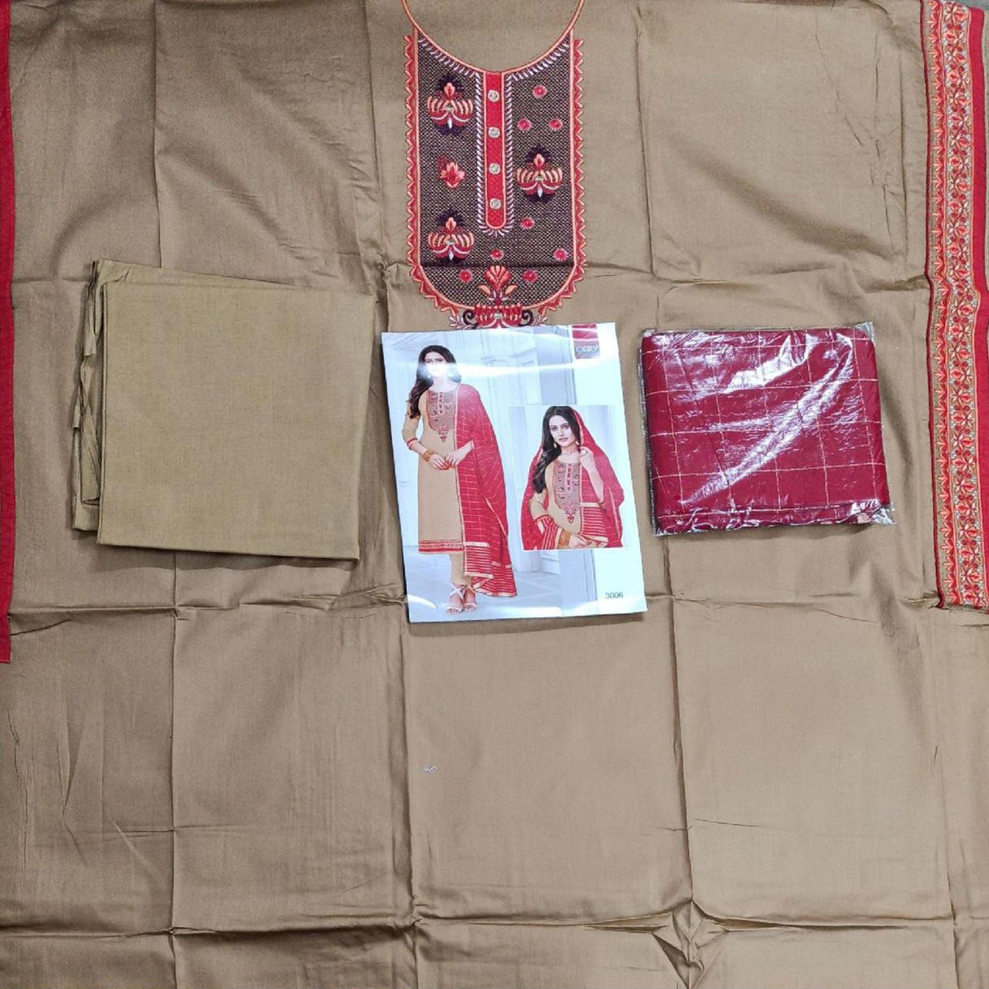 Majesty BurlyWood Colored Partywear Designer Embroidery Cotton Salwar Suit