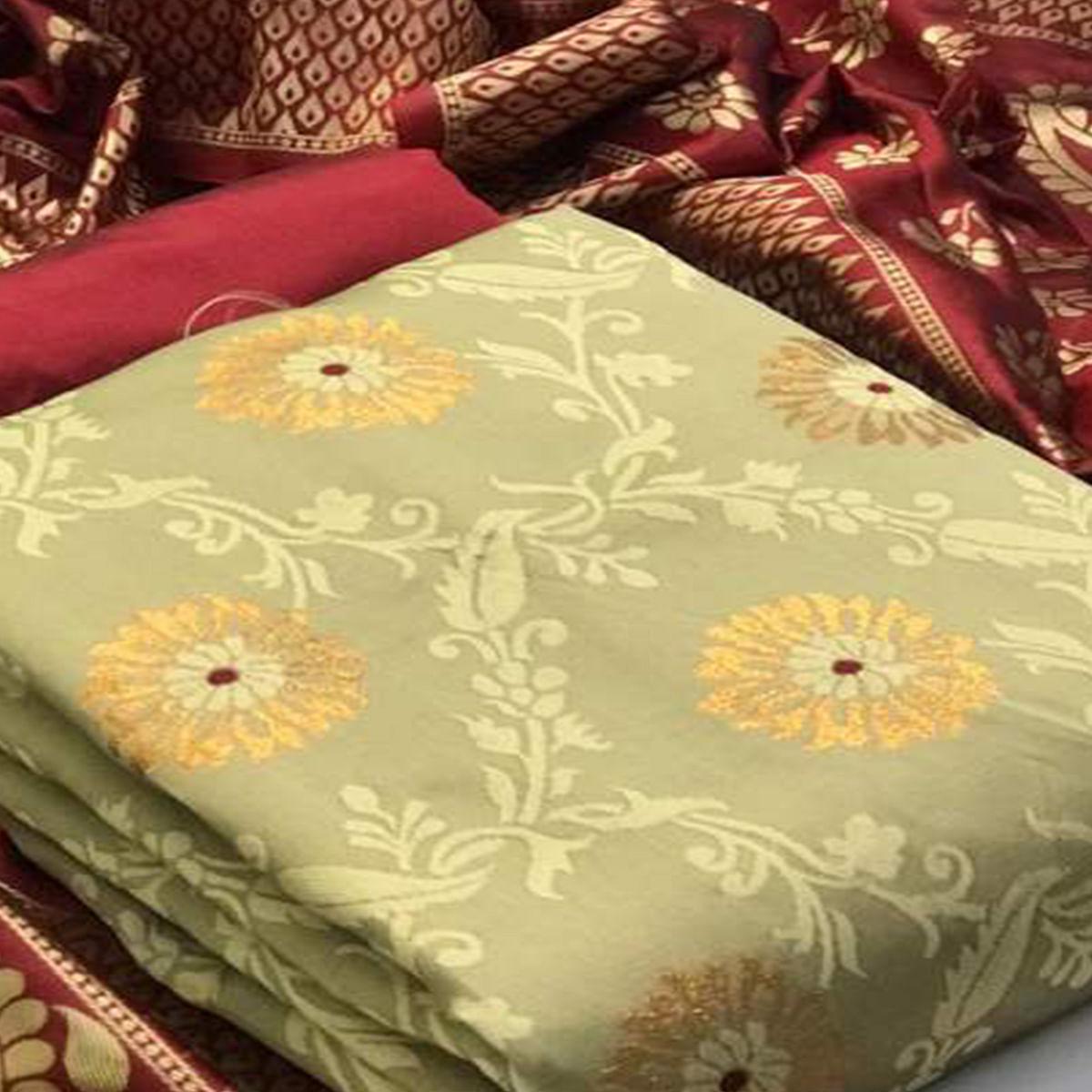 Majesty Chiku Colored Casual Wear Banarasi Silk Dress Material
