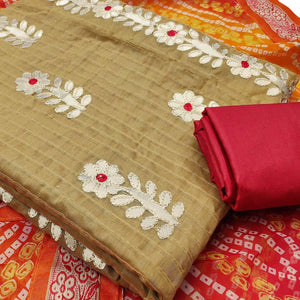 Majesty Chiku Colored Casual Wear Embroidered Cotton Dress Material With Bandhani Dupatta
