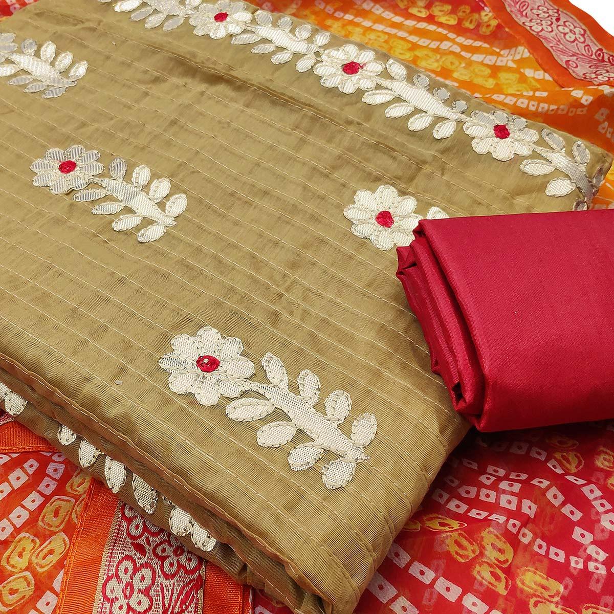 Majesty Chiku Colored Casual Wear Embroidered Cotton Dress Material With Bandhani Dupatta