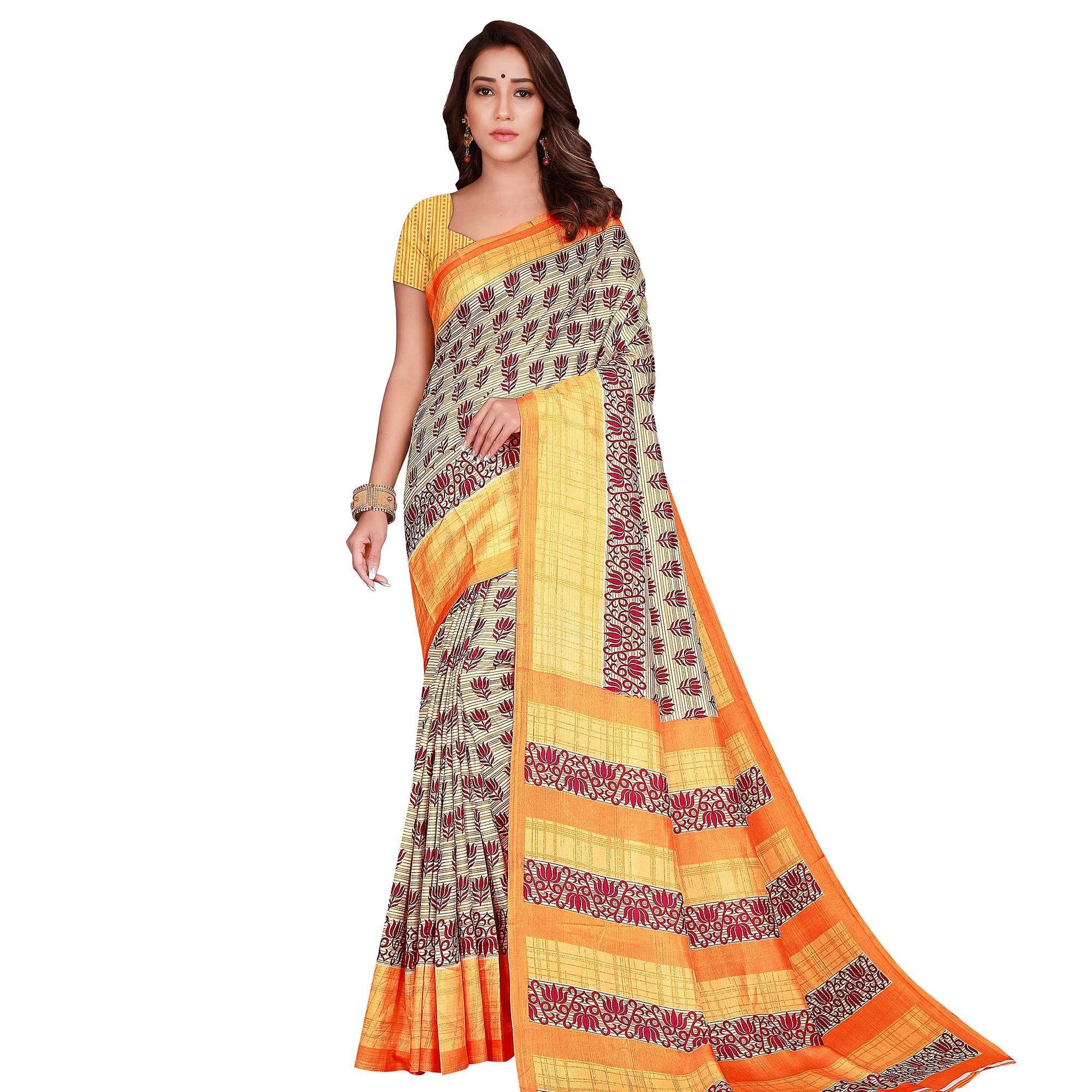 Majesty Cream Colored Casual Wear Printed Art Silk Saree
