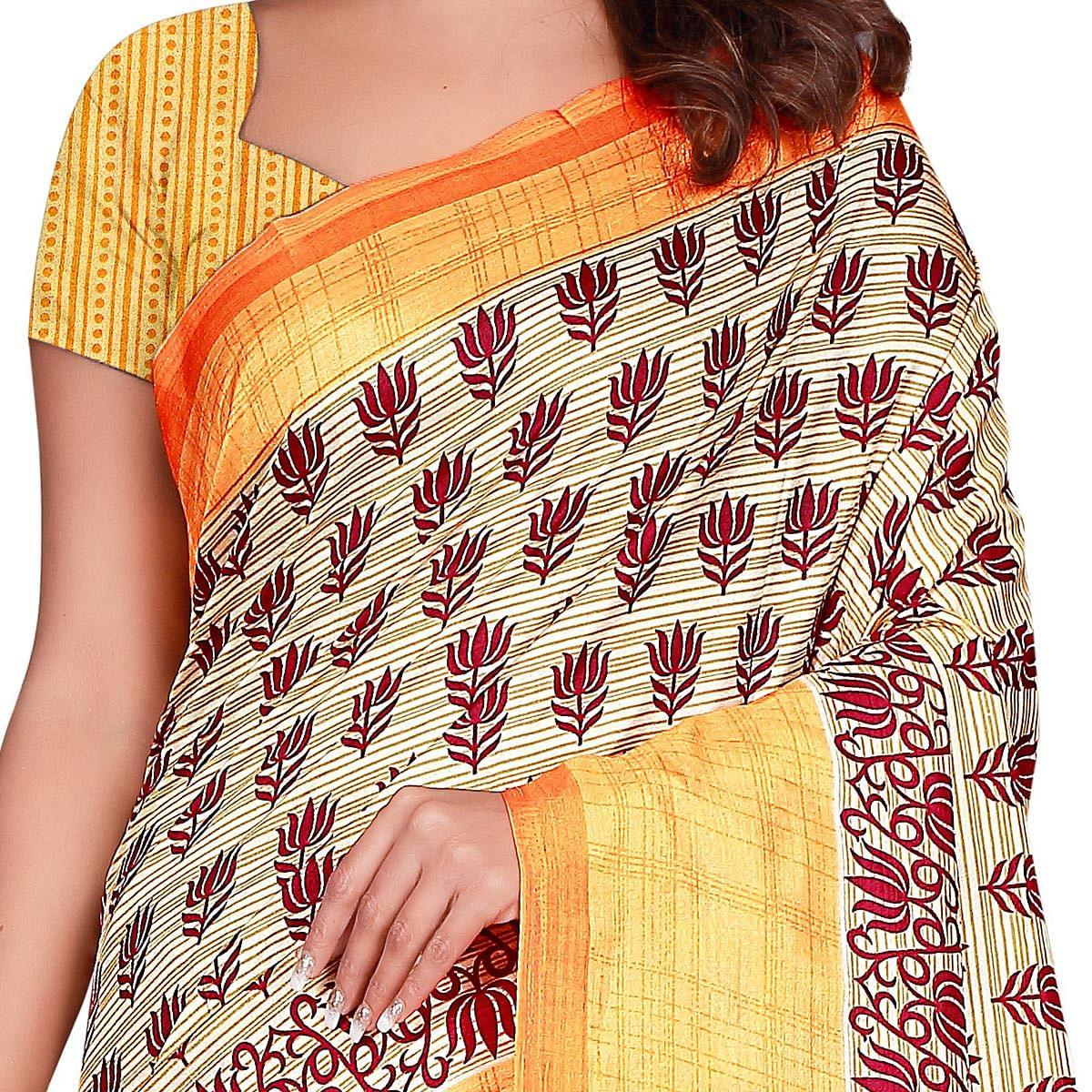 Majesty Cream Colored Casual Wear Printed Art Silk Saree