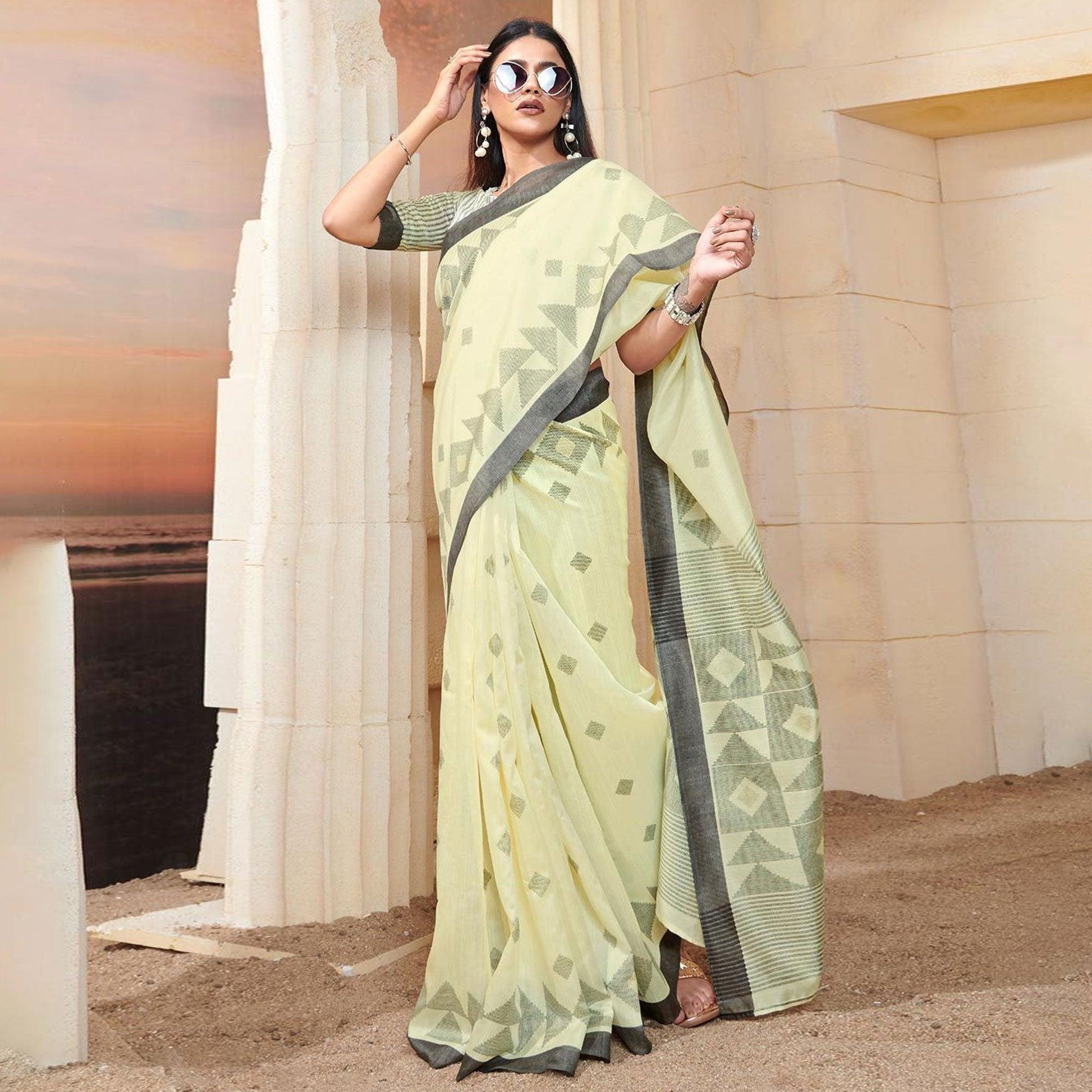 Majesty Cream Colored Casual Wear Printed Bhagalpuri Silk Saree