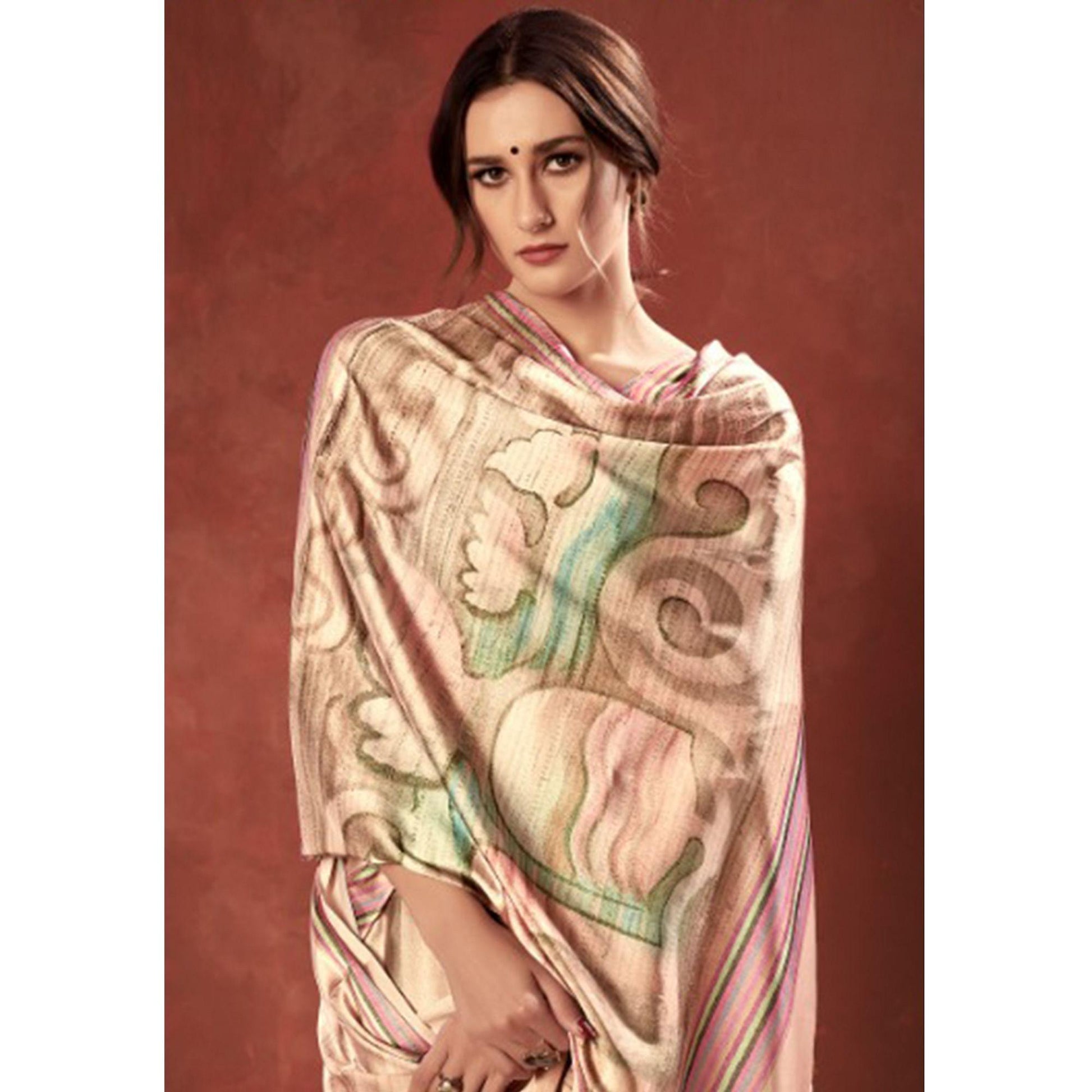 Majesty Cream Colored Casual Wear Printed Satin Crepe Saree With Tassels