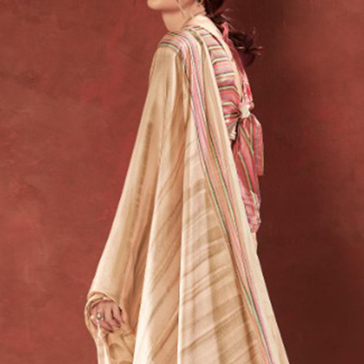 Majesty Cream Colored Casual Wear Printed Satin Crepe Saree With Tassels