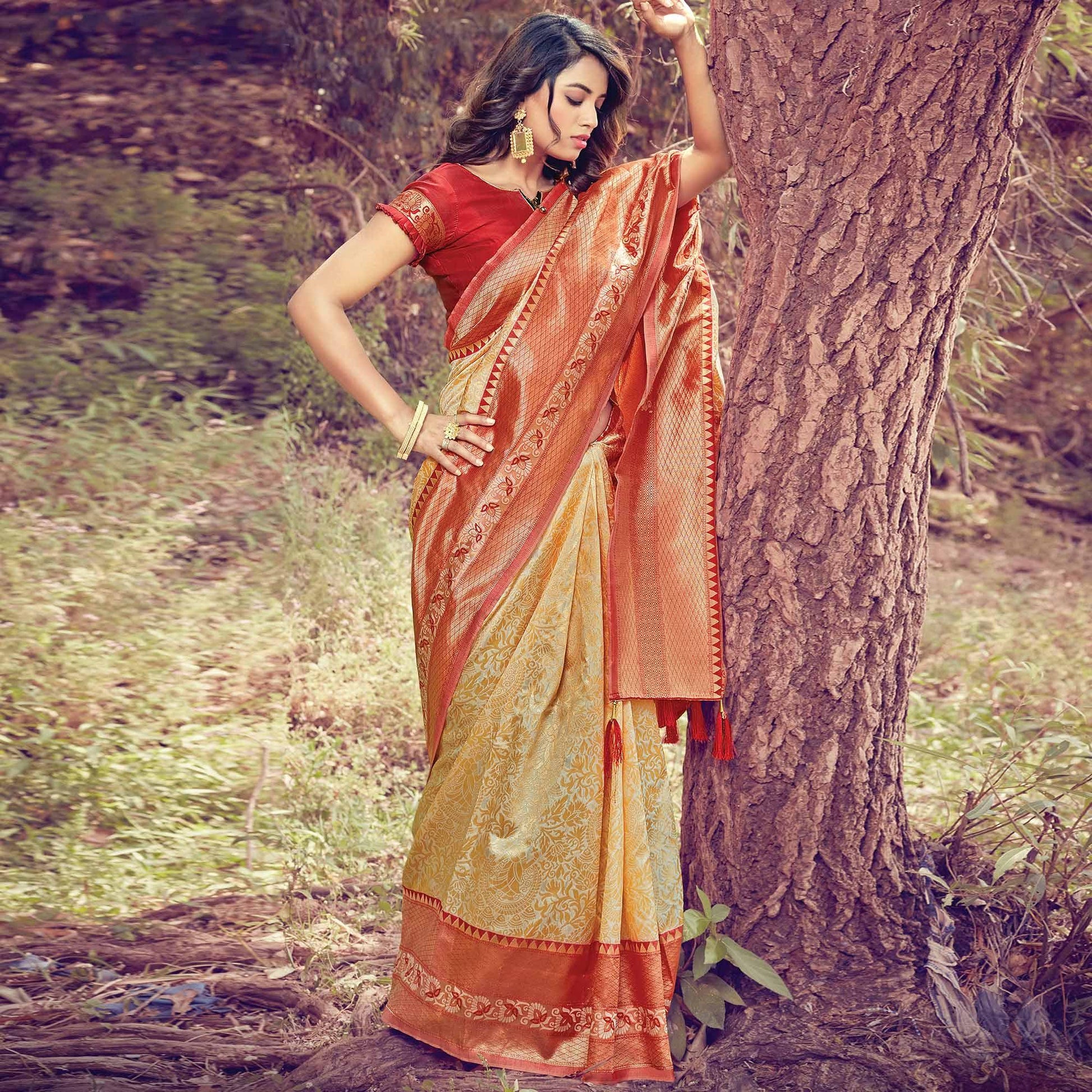 Majesty Cream Colored Festive Wear Woven Silk Saree