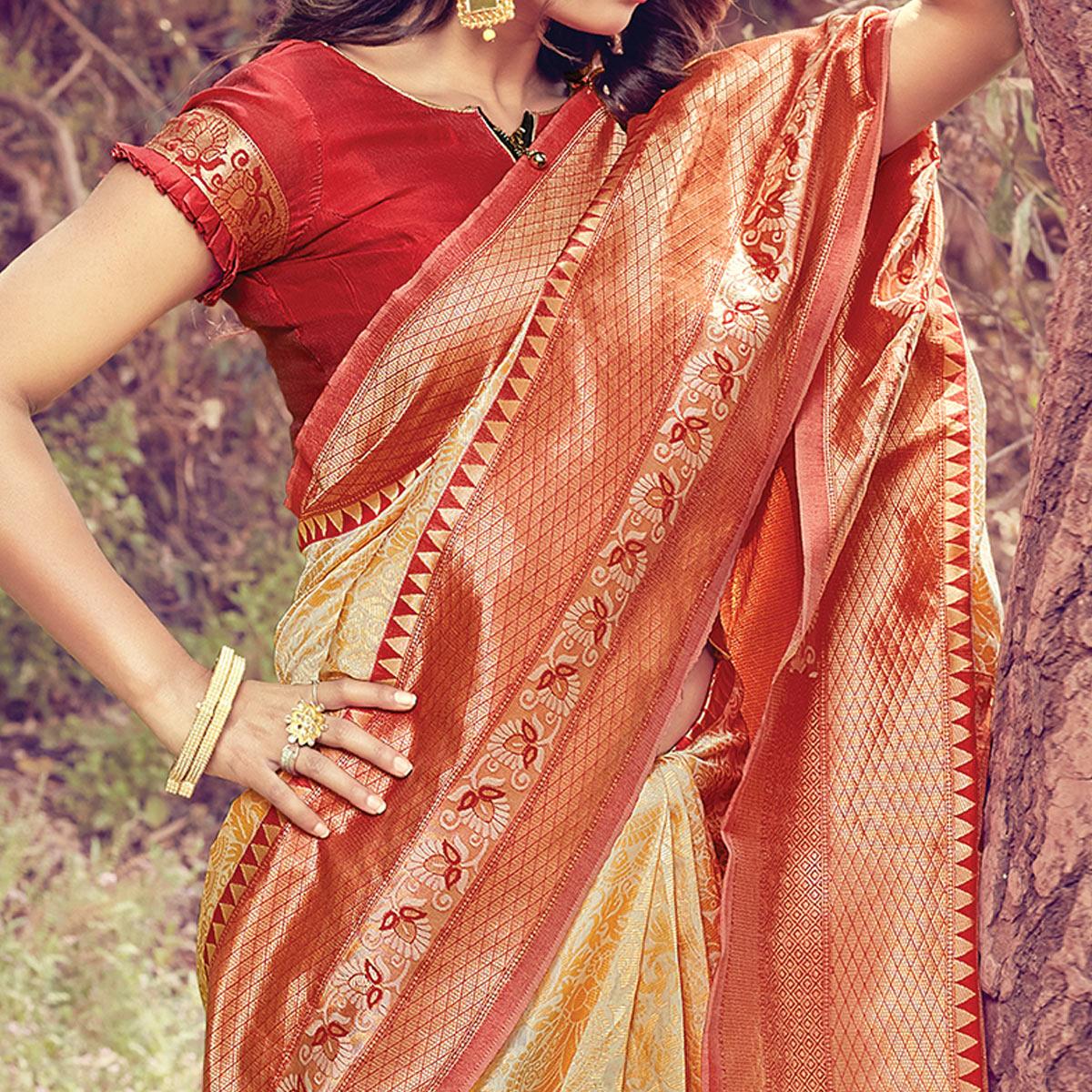 Majesty Cream Colored Festive Wear Woven Silk Saree