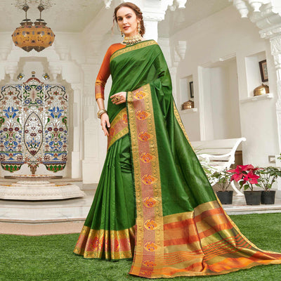 Majesty Dark Green Colored Festive Wear Woven Handloom Silk Saree