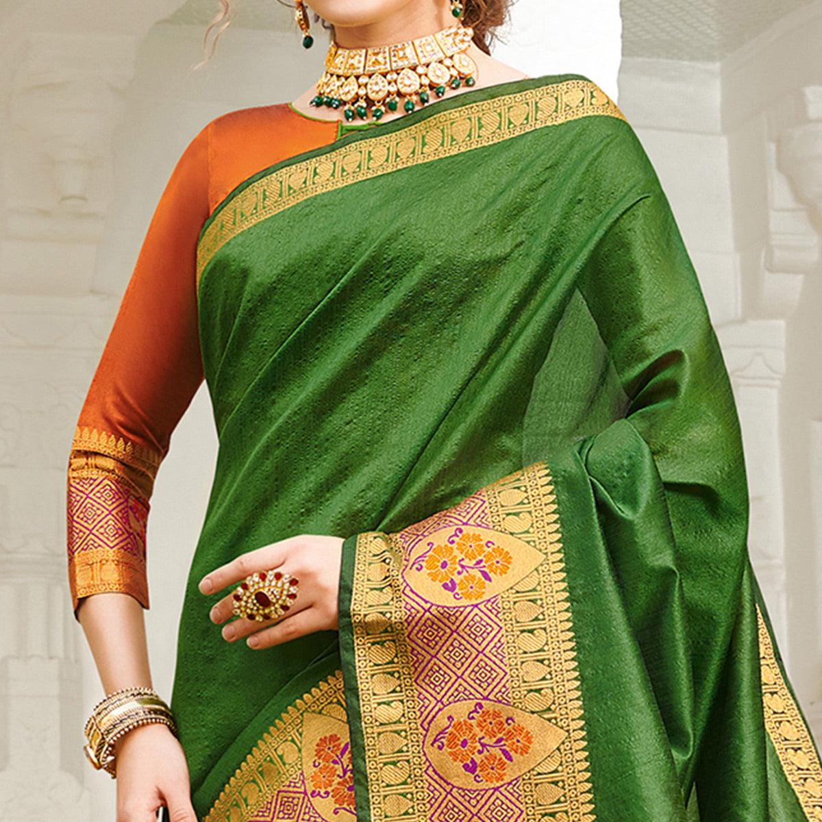 Majesty Dark Green Colored Festive Wear Woven Handloom Silk Saree