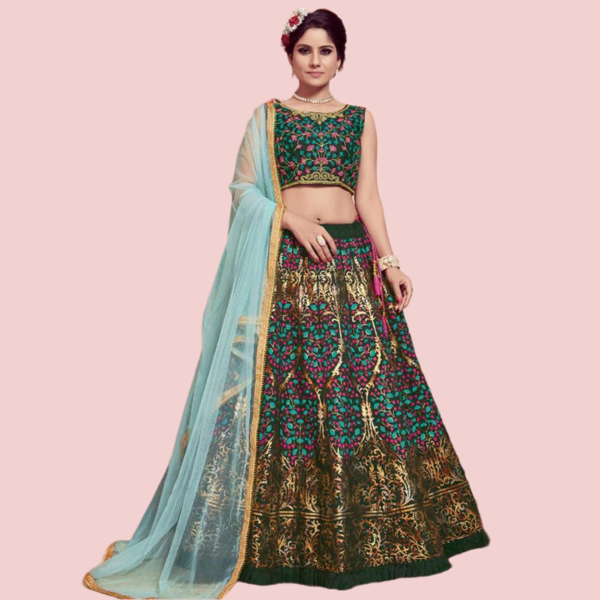Majesty Dark Green Colored Party Wear Embroidered Silk Lehenga Choli