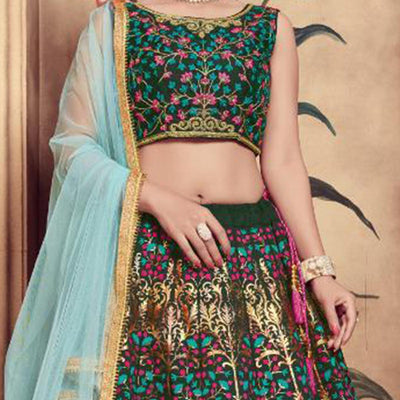 Majesty Dark Green Colored Party Wear Embroidered Silk Lehenga Choli