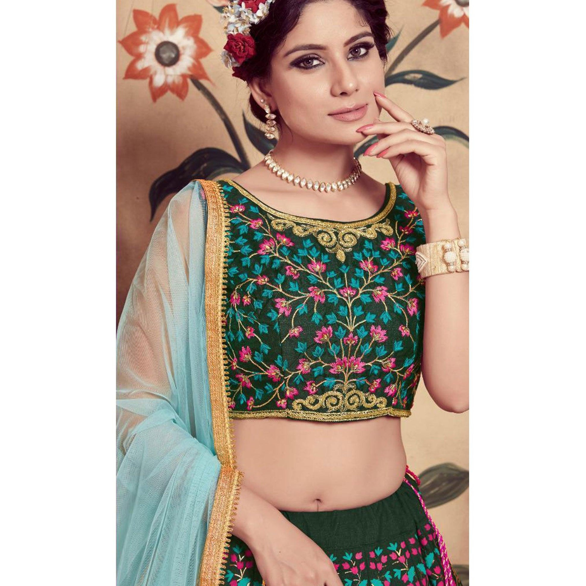 Majesty Dark Green Colored Party Wear Embroidered Silk Lehenga Choli