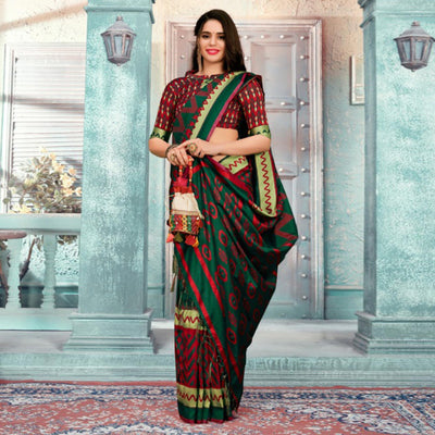 Majesty Green Colored Festive Wear Printed Cotton Silk Saree With Tassels