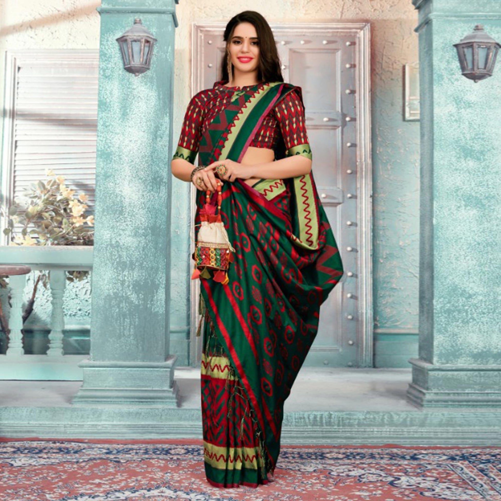 Majesty Green Colored Festive Wear Printed Cotton Silk Saree With Tassels