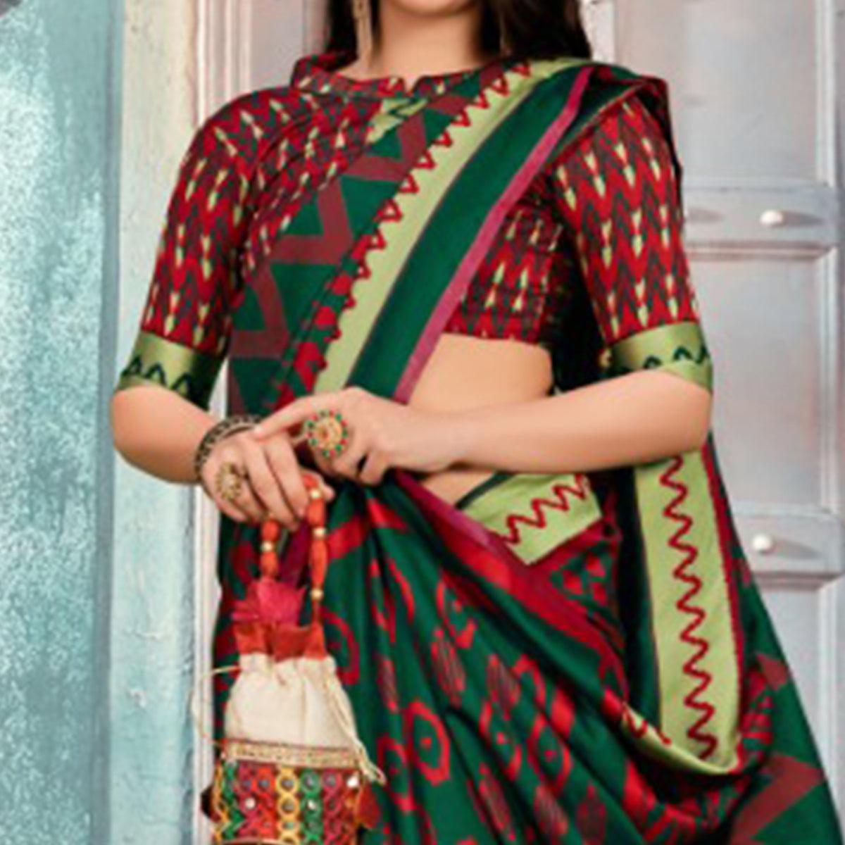 Majesty Green Colored Festive Wear Printed Cotton Silk Saree With Tassels