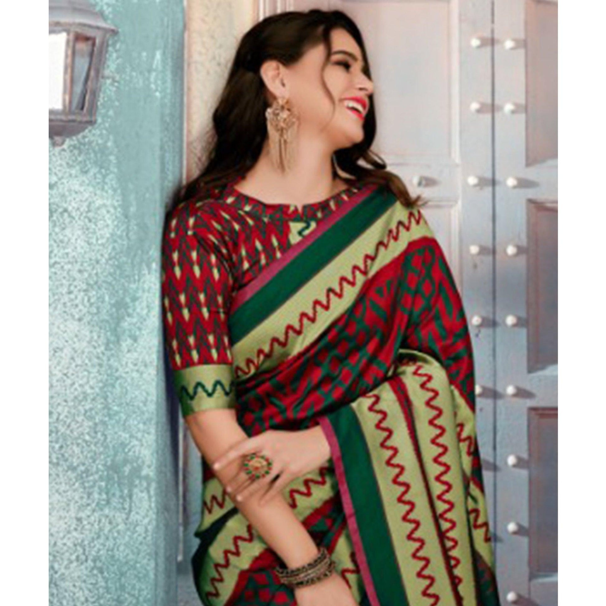 Majesty Green Colored Festive Wear Printed Cotton Silk Saree With Tassels