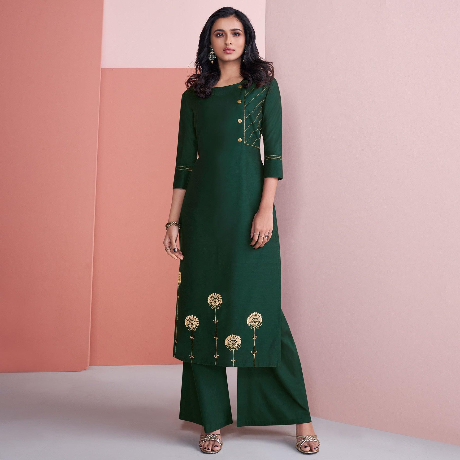 Majesty Green Colored Partywear Embroidered Pure Viscose Silk Palazzo Suit