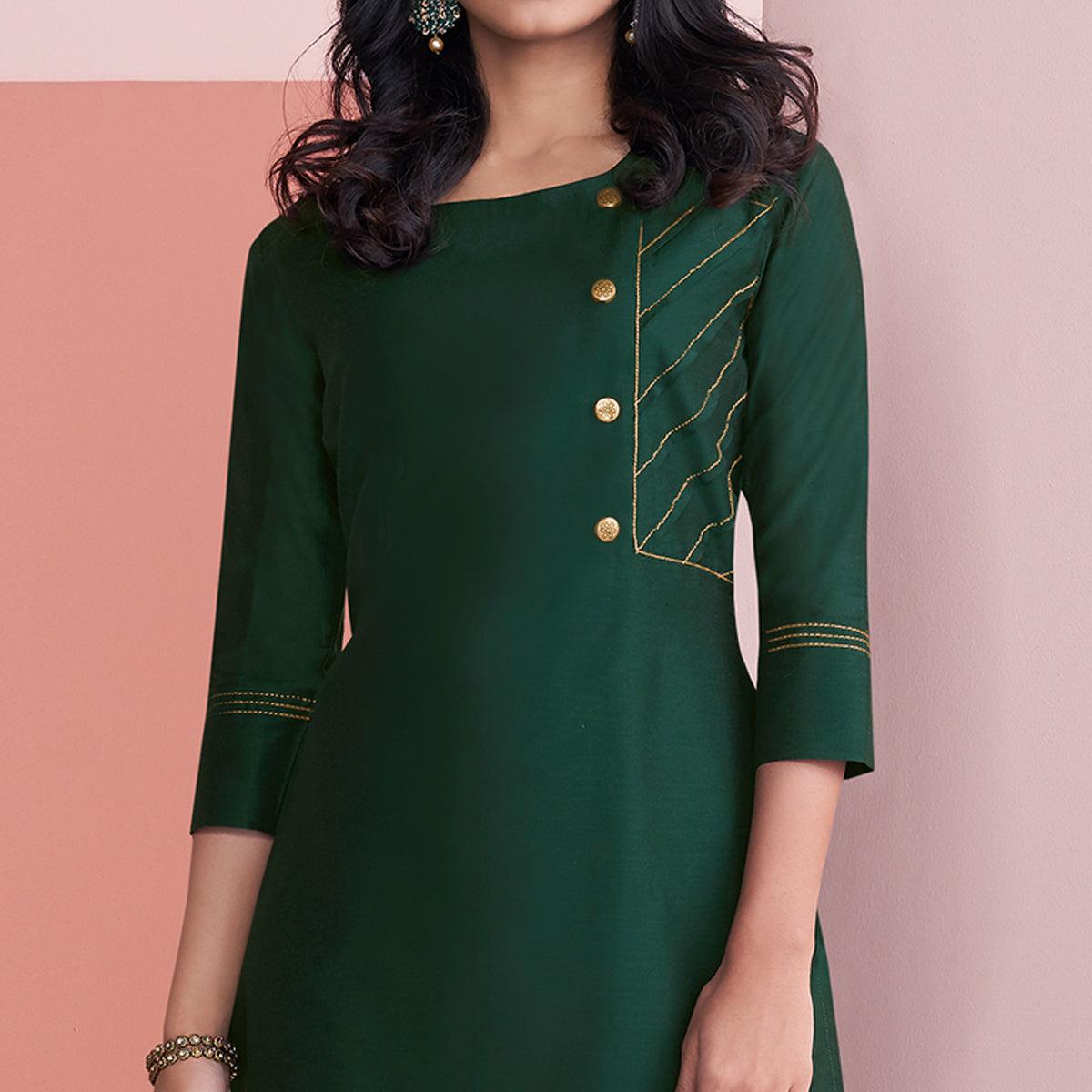 Majesty Green Colored Partywear Embroidered Pure Viscose Silk Palazzo Suit
