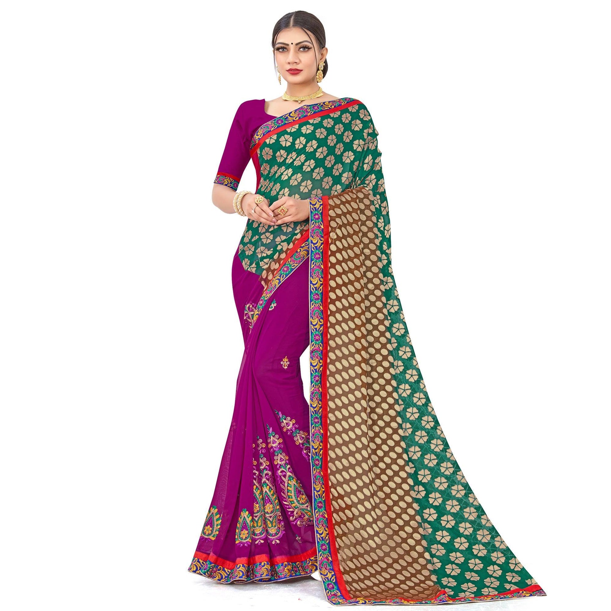 Majesty Green-Purple Colored Party Wear Embroidered Georgette Half-Half Saree
