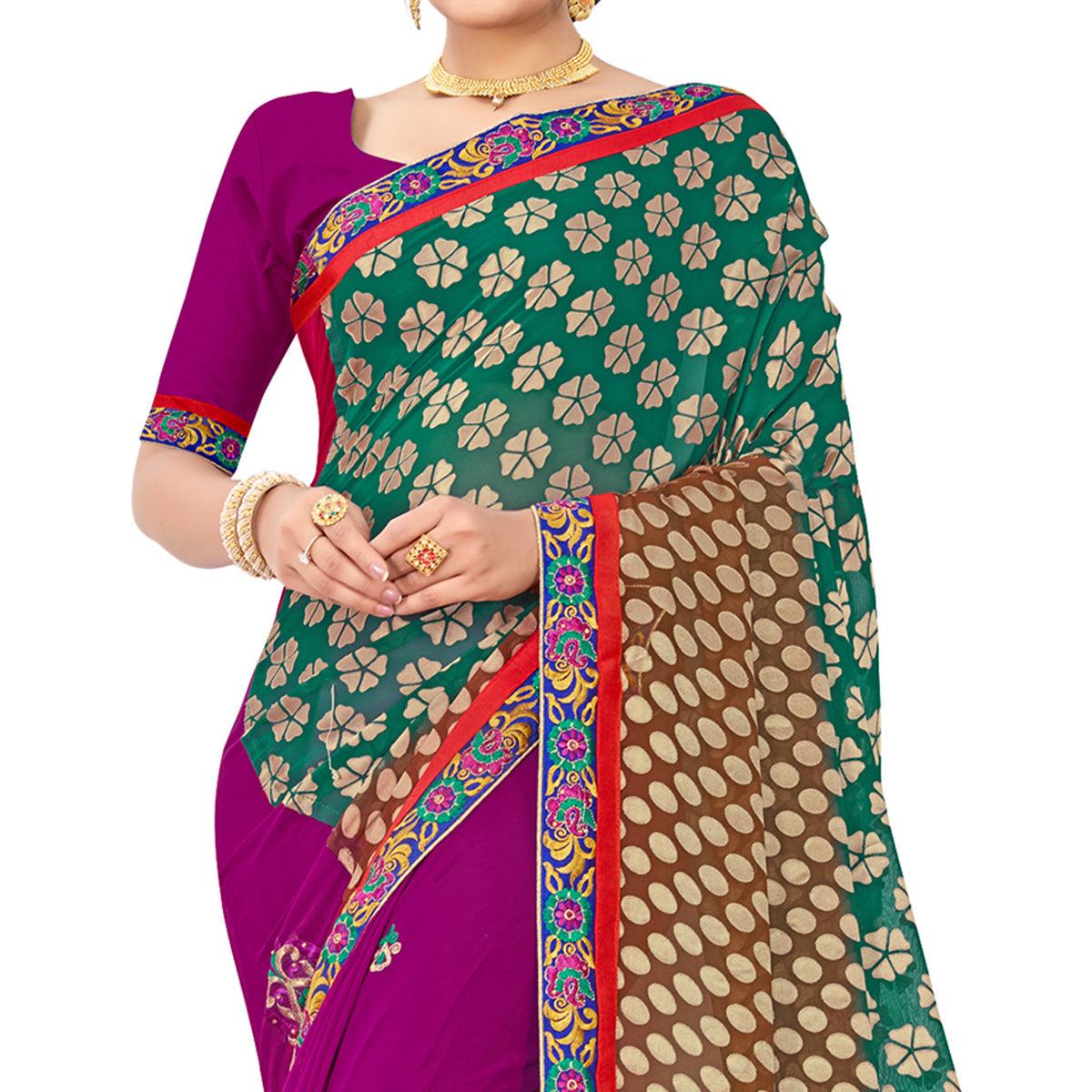 Majesty Green-Purple Colored Party Wear Embroidered Georgette Half-Half Saree