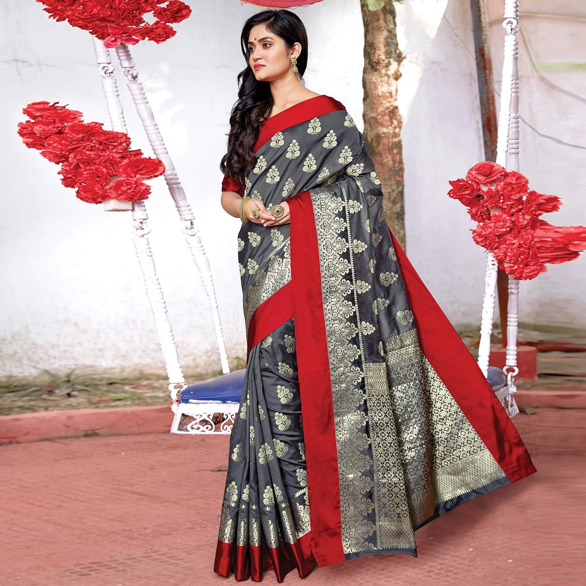Majesty Grey Colored Festive Wear Woven Silk Saree