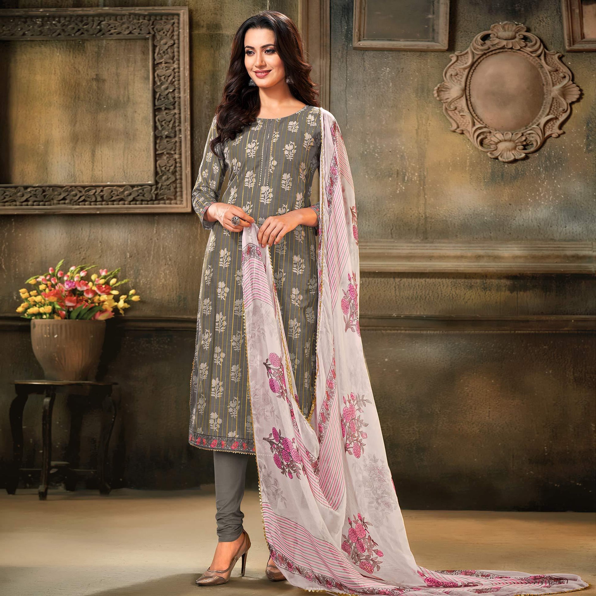 Majesty Grey Colored Partywear Embroidered Chanderi Dress Material