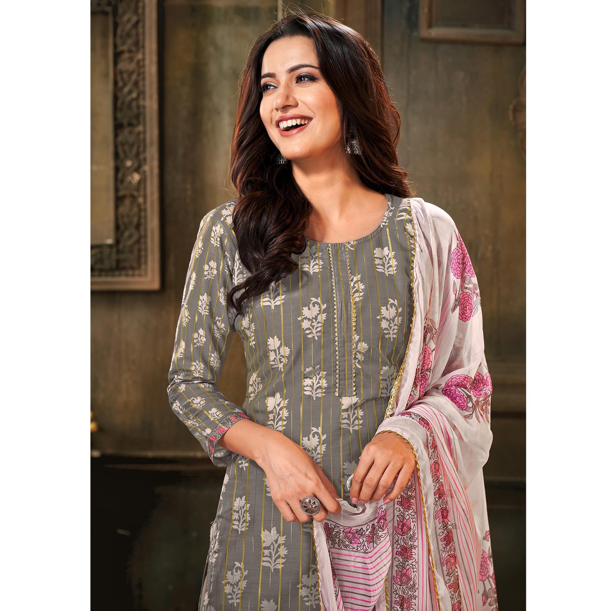 Majesty Grey Colored Partywear Embroidered Chanderi Dress Material