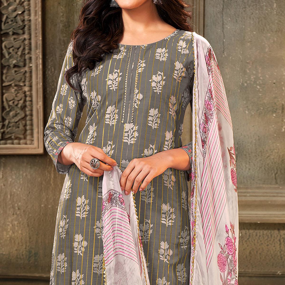 Majesty Grey Colored Partywear Embroidered Chanderi Dress Material