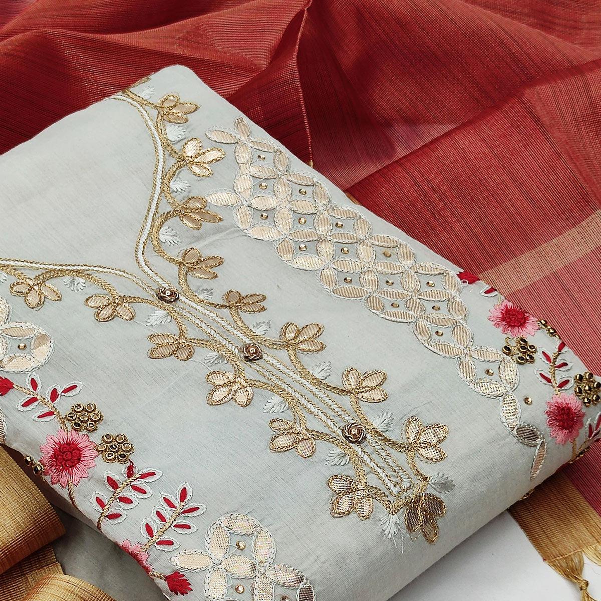 Majesty Light Blue Colored Casual Embroidered Modal Chanderi Dress Material