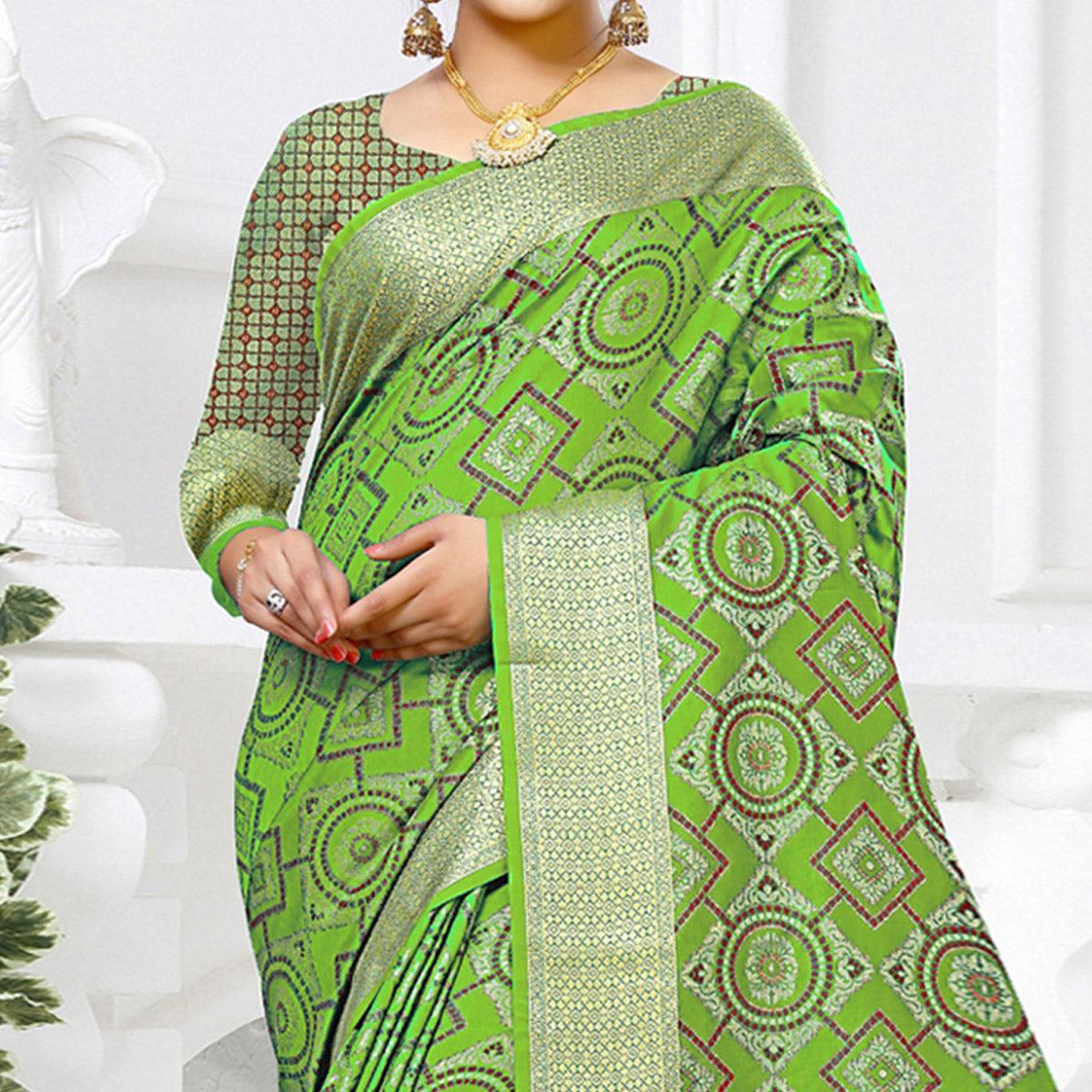 Majesty Light Green Colored Festive Wear Woven Silk Saree