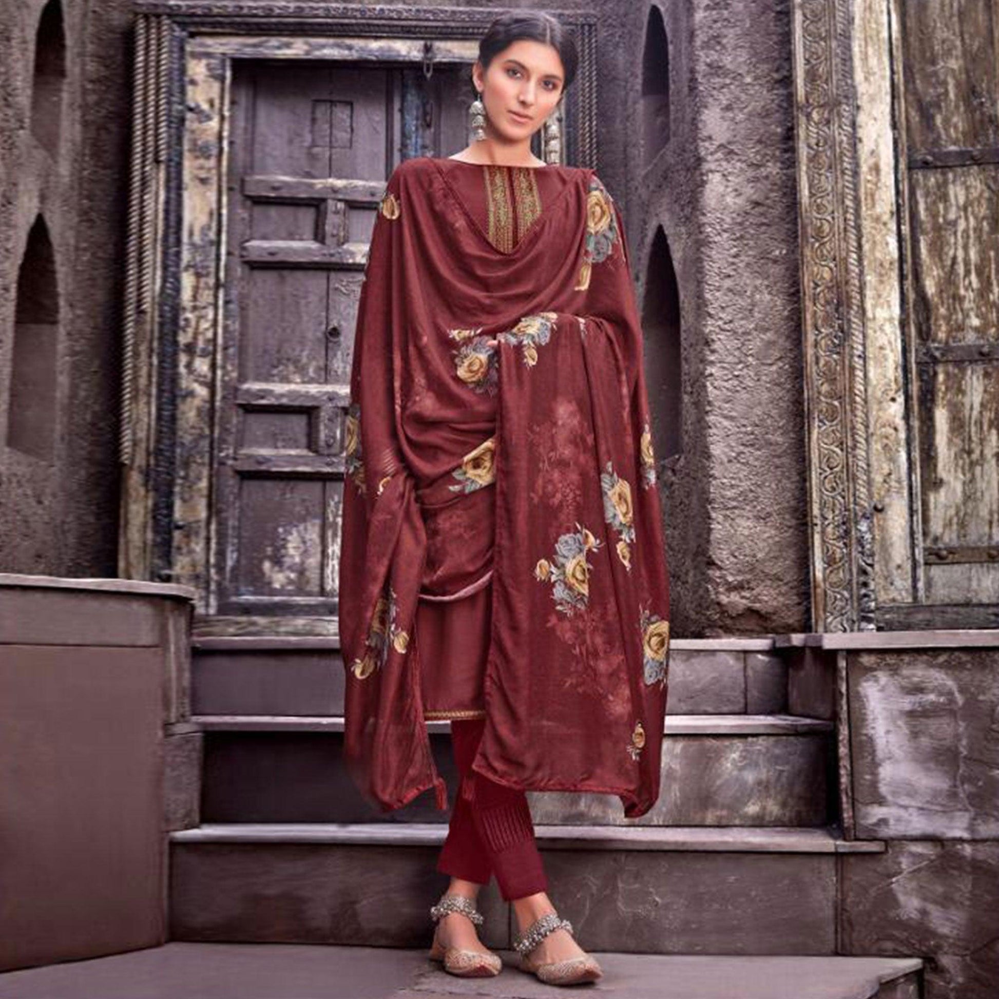 Majesty Maroon Colored Partywear Printed Viscose Muslin Suit