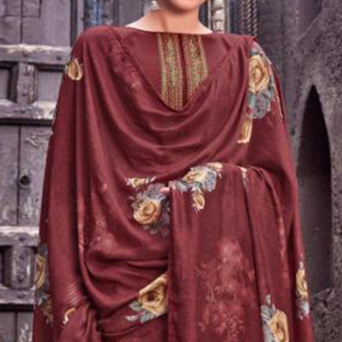 Majesty Maroon Colored Partywear Printed Viscose Muslin Suit