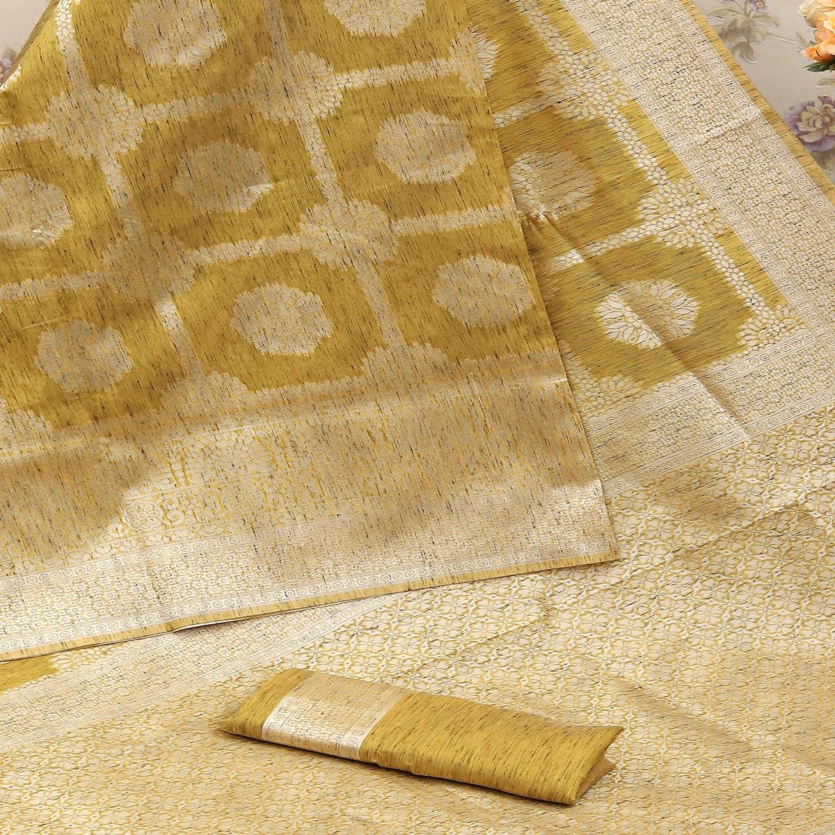 Majesty Mehendi Green Colored Festive Wear Woven Banarasi Cotton Saree